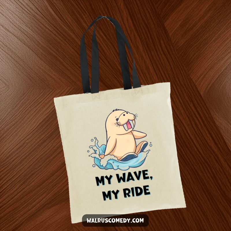 Funny Tote Bag: A happy walrus character glides over an ocean wave, flippers splashing, ideal for beachgoers and humor lovers.