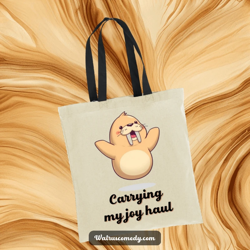 Funny tote bag depicting a cheerful walrus in a dynamic one-flipper dance pose, ideal for carrying treasures with a humorous flair.
