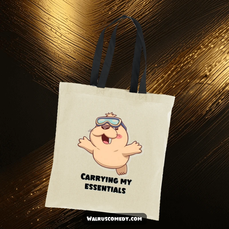 Funny tote bag showing a playful walrus wearing swimming goggles and diving with a smile, perfect for carrying beach essentials.