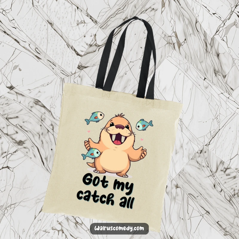 Funny tote bag featuring a happy walrus with a wide, toothy grin masterfully juggling fish with a charismatic and cheerful demeanor.