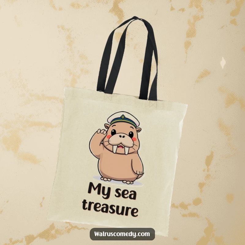 Funny Tote Bag with a playful walrus character wearing a tiny sailor hat and saluting cheerfully.