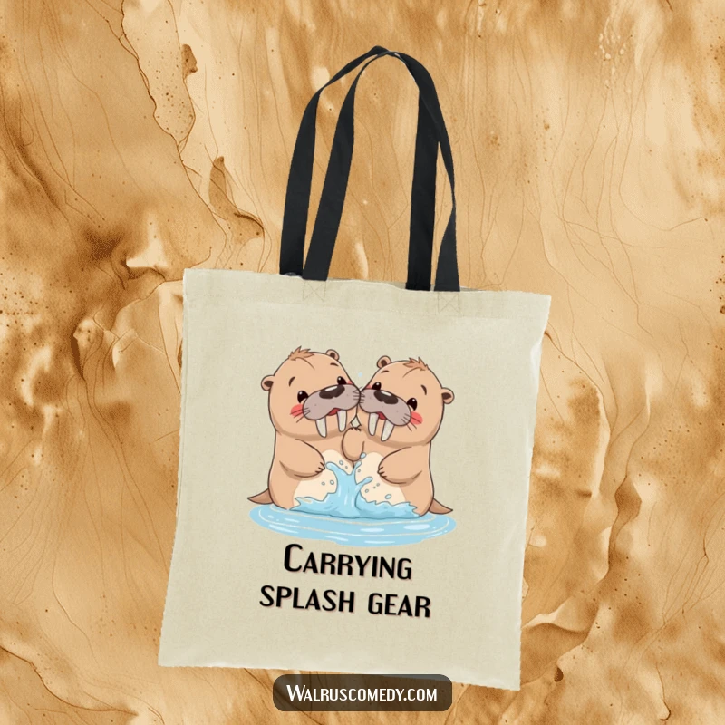 Funny walrus tote bag featuring siblings playfully splashing water, a fun and practical accessory for carrying essentials.