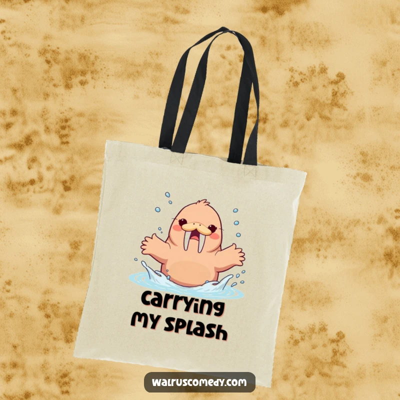 Funny Kawaii Walrus Splashing Water Tote Bag, an energetic walrus splashing water, practical and fun accessory.