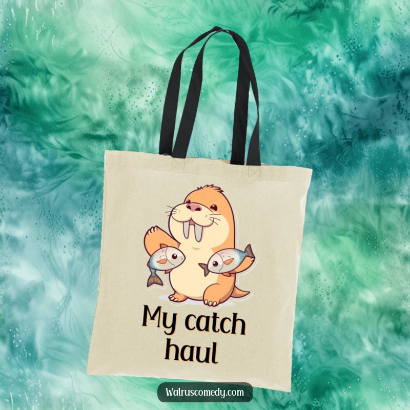 Funny walrus character tote bag, juggling two shiny fish with a grin, ideal for shopping and as a funny gift.