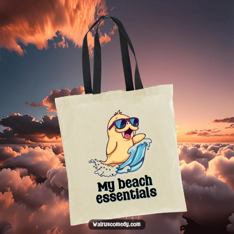 Funny walrus character tote bag wearing sunglasses, riding a wave with excitement, ideal for beach trips and as a funny gift.