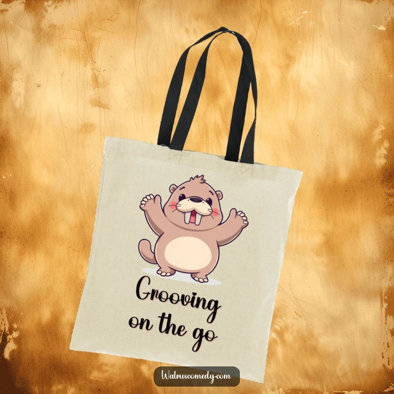 Funny walrus dancing with flippers up, a humorous tote bag featuring a joyful sea creature, ideal for shopping.