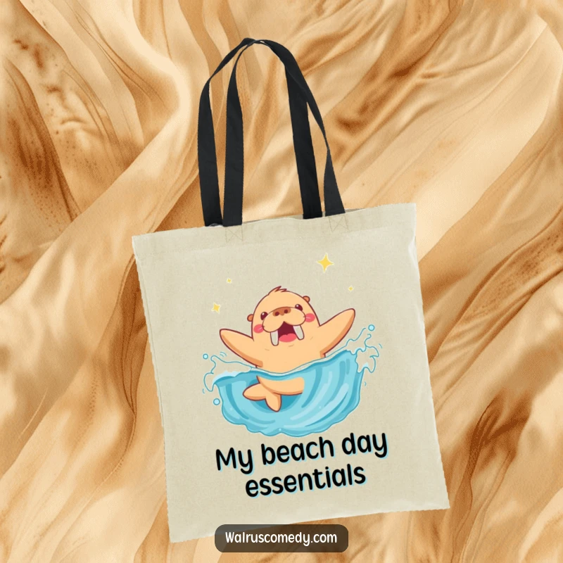 Funny Walrus Tote Bag: A playful walrus dives into a sparkling wave, ready to carry your beach gear and daily items.