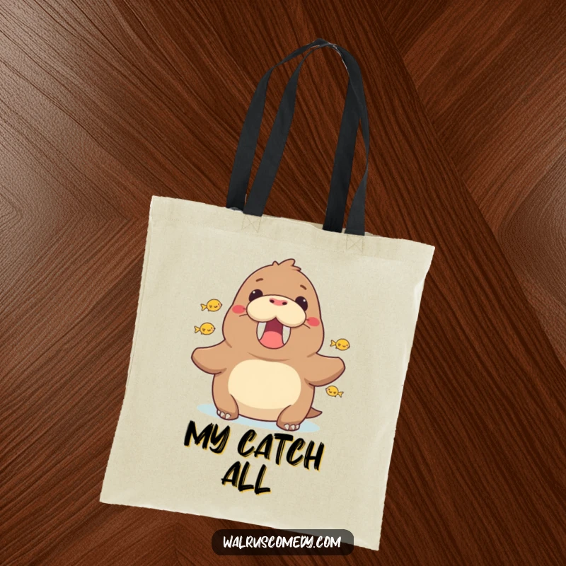 Funny walrus cheering with jumping fish, a humorous tote bag featuring a celebratory sea creature, ideal for daily use.
