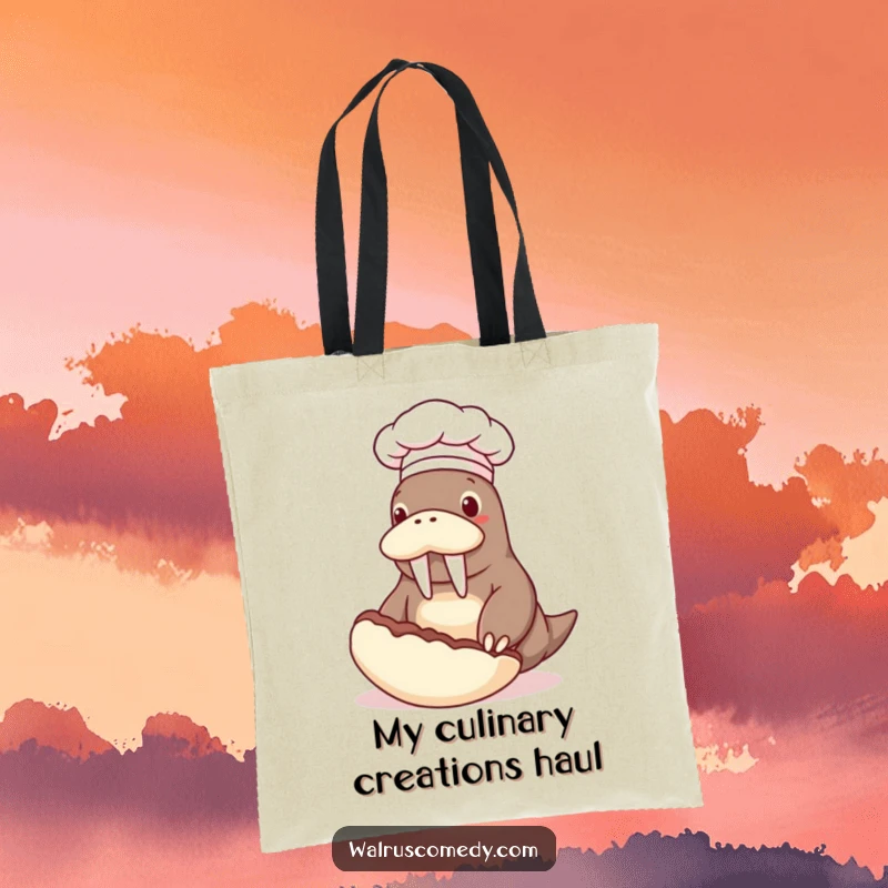 Funny tote bag showcasing a walrus chef in a hat, flipping a giant clam, ideal for carrying groceries with humorous flair.