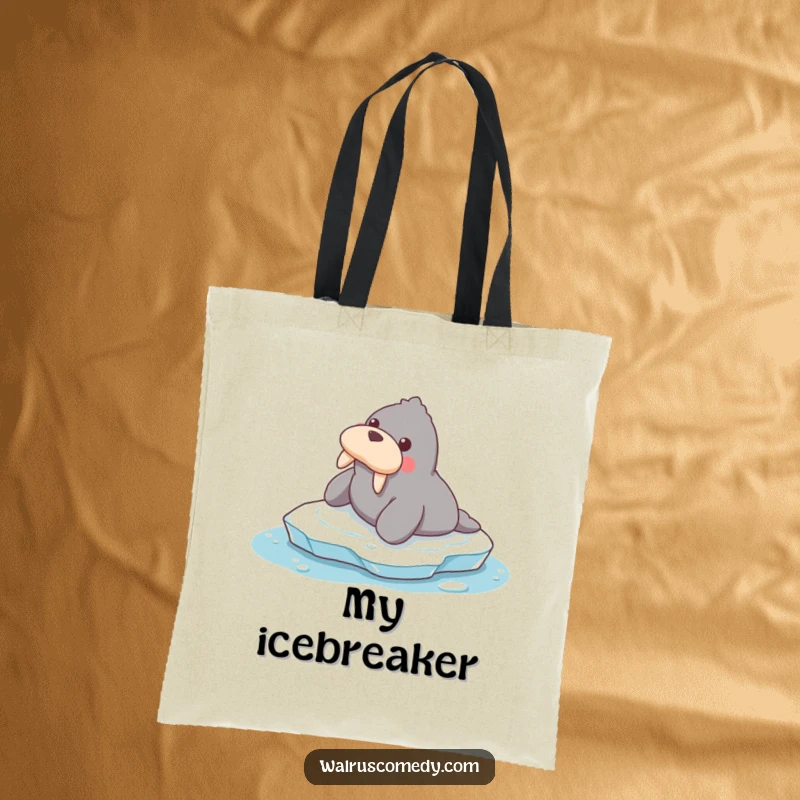Funny tote bag featuring a happy walrus sliding on ice, a whimsical and practical accessory for daily use.