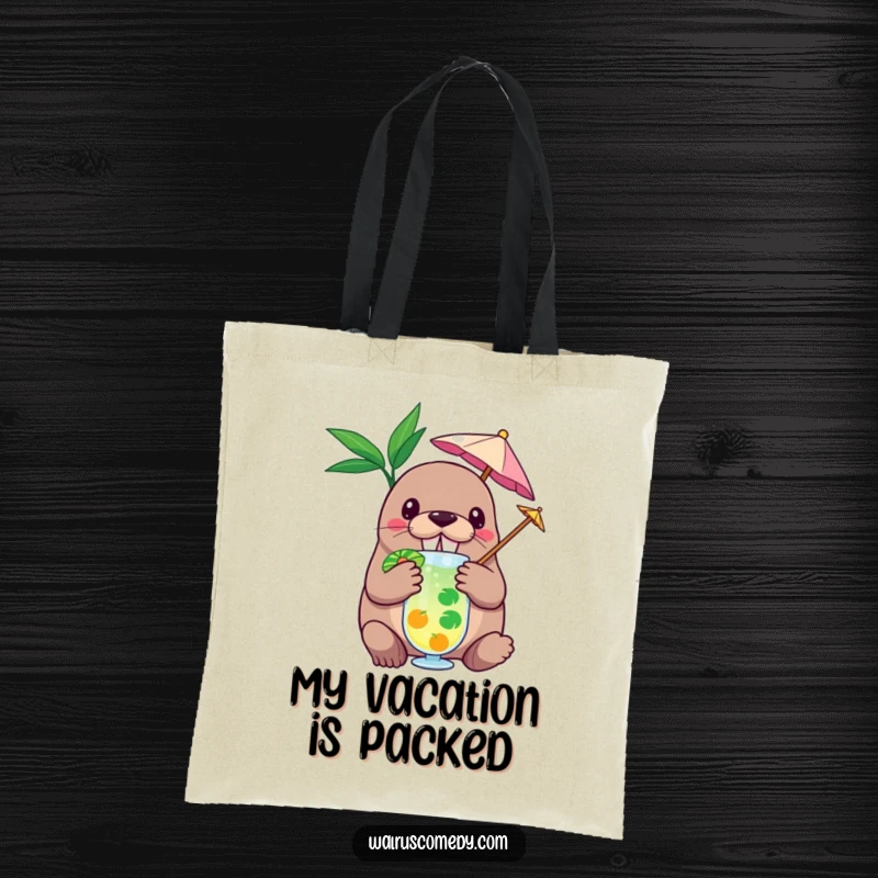 Funny tote bag featuring a comical walrus character enjoying a tropical drink with a small umbrella, ideal for beach or daily use.