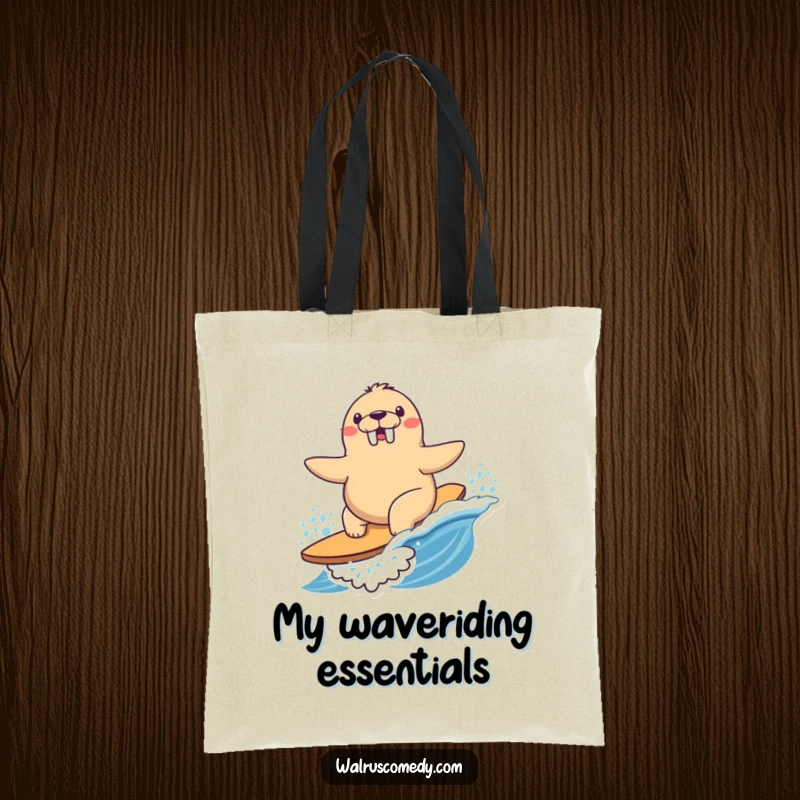 Funny Tote Bag with a Kawaii walrus happily surfing a wave with determination, ready for any seaside outing.