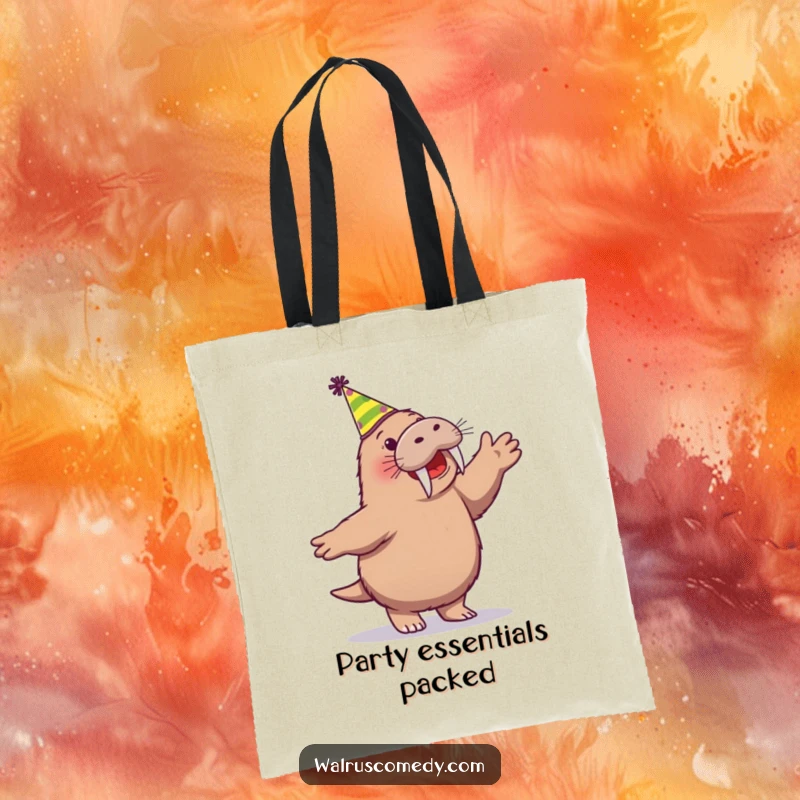 Funny tote bag showing a cheerful walrus character dancing with a party hat, perfect for carrying groceries or party supplies.