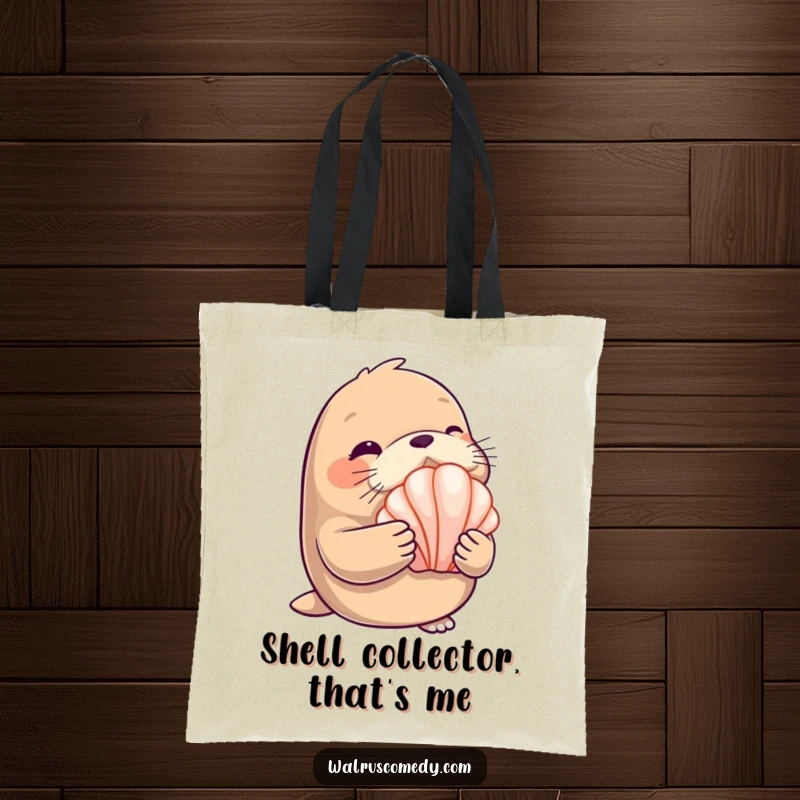 Funny Tote Bag: A winking walrus holds a shiny seashell, perfect for carrying beach finds with style.